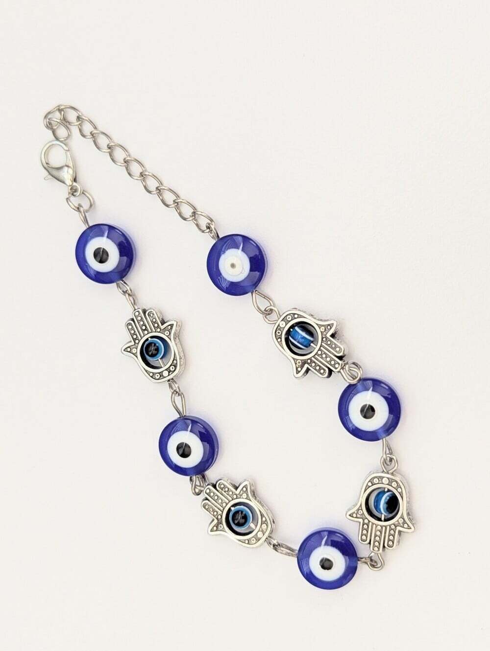 NWOT Blue & Silver-Tone Evil Eye & Hamsa Beaded Adjustable Chain Bracelet